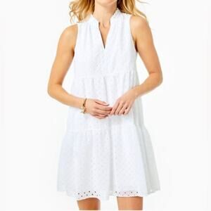 LILLY PULITZER  Novella V neck Tiered Dress - Chiffon Eyelet In Resort White GUC